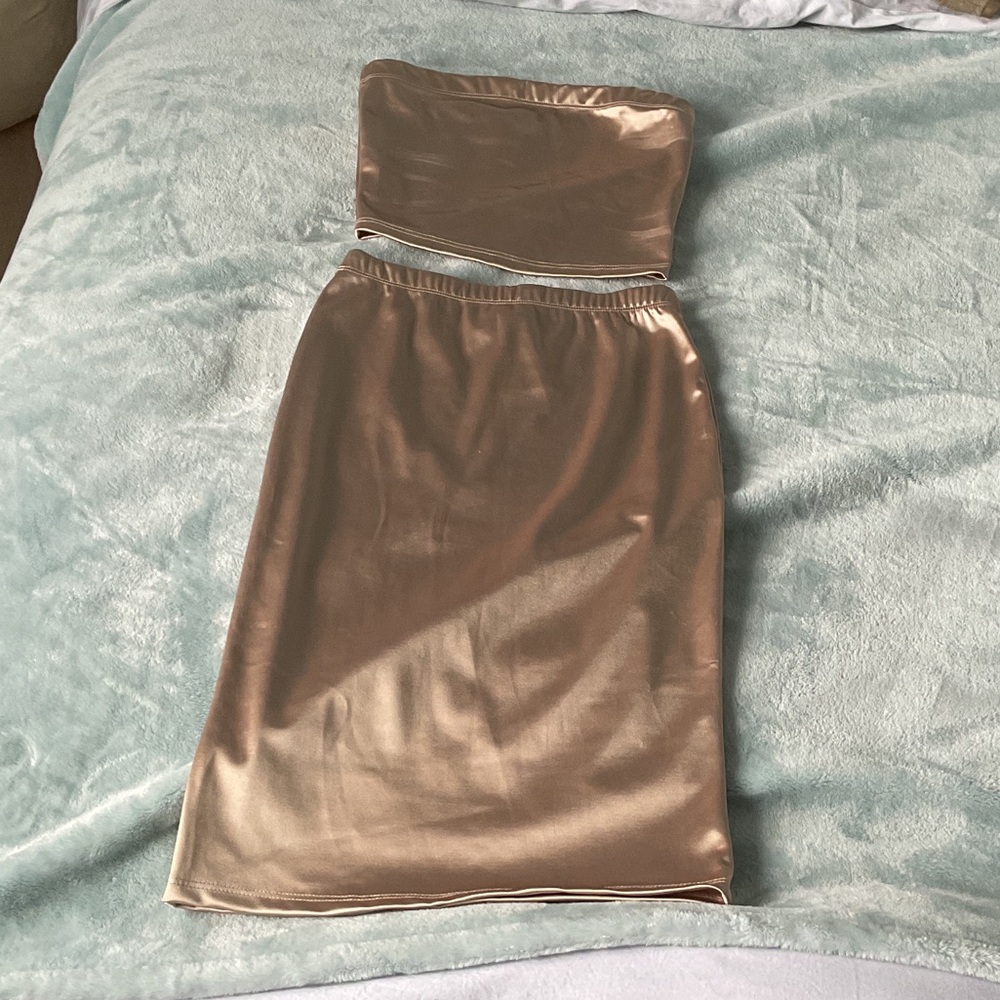 Sale! Seduction Crop Tube Top and Skirt Set, Size S, Gold, Spandex